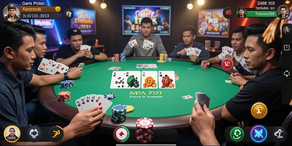 Menampilkan gameplay poker di RK77 dengan antarmuka yang menawan.